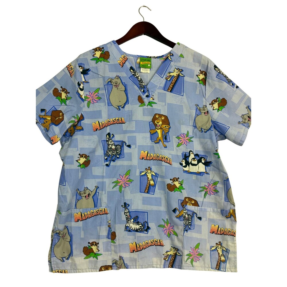 Disney Madagascar Live Animal Scrub Top XL Blue Character Print 2005 DWAL